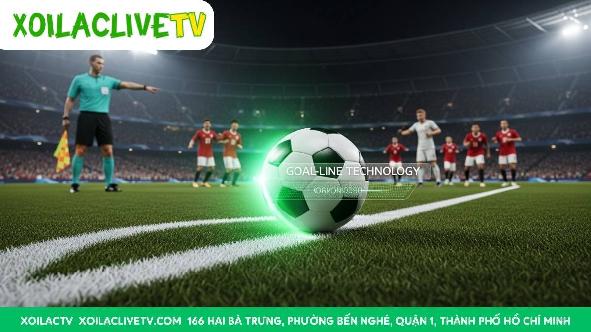 Quả bóng đã hoàn toàn vượt qua vạch vôi khung thành, được xác nhận bởi công nghệ Goal-line. Trọng tài giơ tay chỉ vào giữa sân để công nhận bàn thắng, phía sau là các cầu thủ đang ăn mừng.