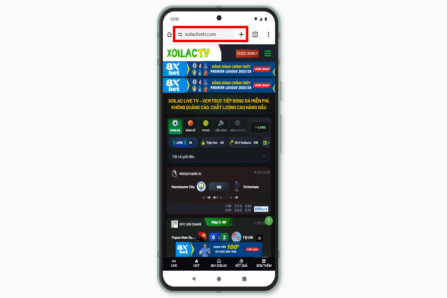 Truy cập trang xoilaclivetv trên điện thoại