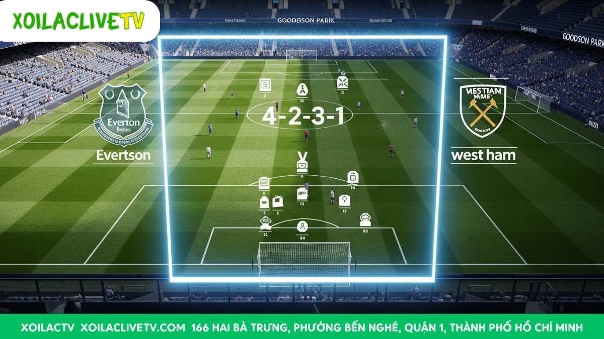 Sơ đồ chiến thuật dự kiến 4-2-3-1 của Everton và West Ham. Một thế trận cân bằng trên lý thuyết, nhưng những sự thay đổi trong trận đấu mới là chìa khóa dẫn đến chiến thắng.