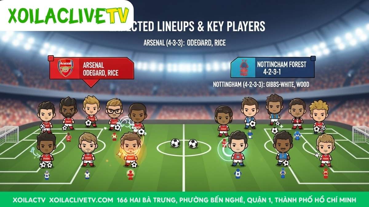 Hình ảnh minh họa đội hình dự kiến và các cầu thủ chủ chốt của Arsenal và Nottingham Forest theo phong cách chibi, mô tả chiến thuật và ngôi sao hai bên để người xem dễ hình dung trước trận. Hình ảnh thân thiện, màu sắc tươi sáng.