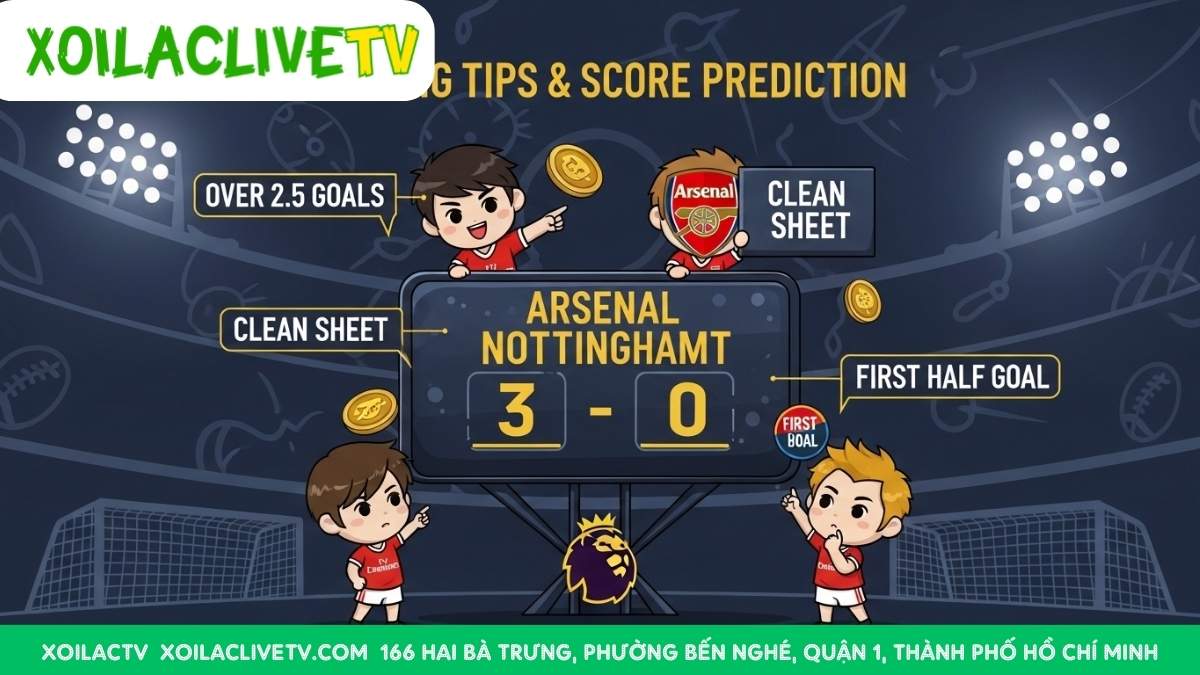 Infographic soi kèo nhà cái và dự đoán tỉ số trận Arsenal vs Nottingham Forest, mô tả các kèo cược phổ biến và dự đoán tỉ số 3-0 nghiêng về Arsenal, nhằm cung cấp góc nhìn chuyên sâu cho người đặt cược. Hình ảnh chibi vui nhộn, dễ hiểu.