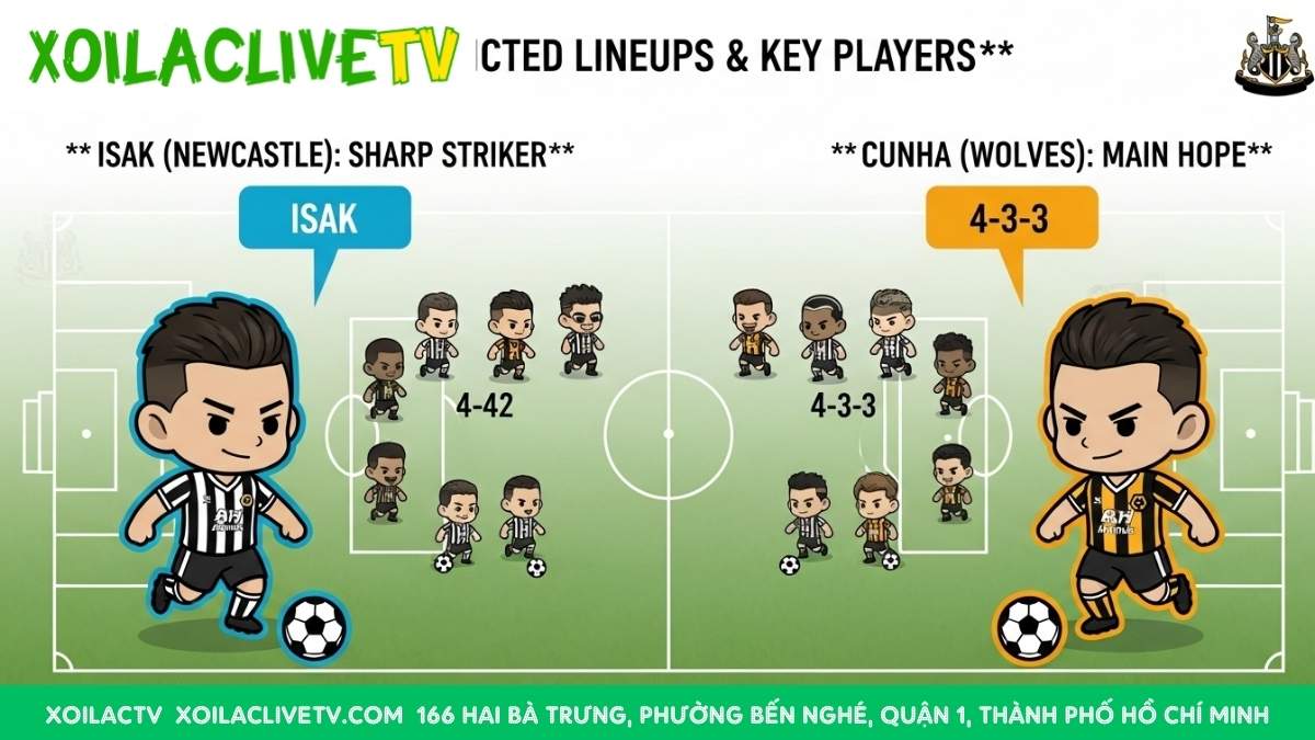 Sơ đồ minh họa đội hình dự kiến trận Wolves vs Newcastle, mô tả vị trí các cầu thủ chibi và làm nổi bật hai ngôi sao tấn công Alexander Isak và Matheus Cunha, để làm rõ chiến thuật và những cá nhân có thể định đoạt trận đấu