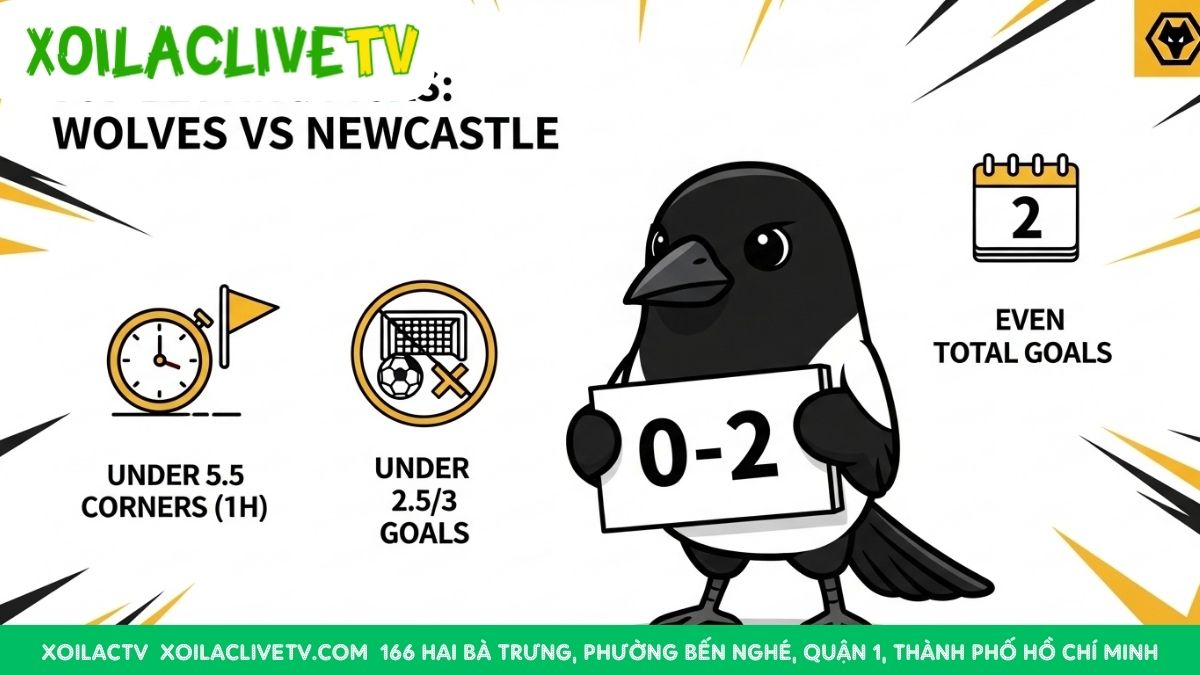 Infographic chốt kèo trận Wolves vs Newcastle, mô tả dự đoán tỷ số 0-2 và các kèo phụ như Xỉu bàn thắng, Xỉu góc hiệp 1 và Chẵn bàn thắng, để làm rõ các lựa chọn đầu tư tiềm năng cho người hâm mộ.