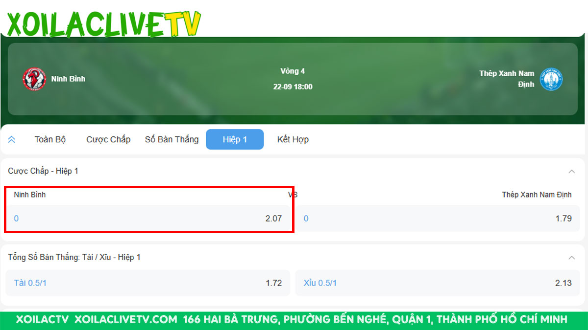Ví dụ về tỷ lệ trả thưởng kèo hiệp 1 nhà cái đưa ra là 2.07