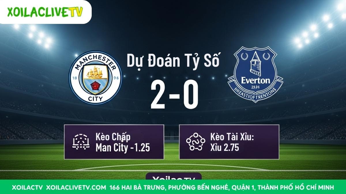 Dự đoán tỷ số chung cuộc Man City 2-0 Everton. Chuyên gia Xoilac TV tin tưởng lựa chọn: Man City -1.25 và Xỉu 2.75 FT.