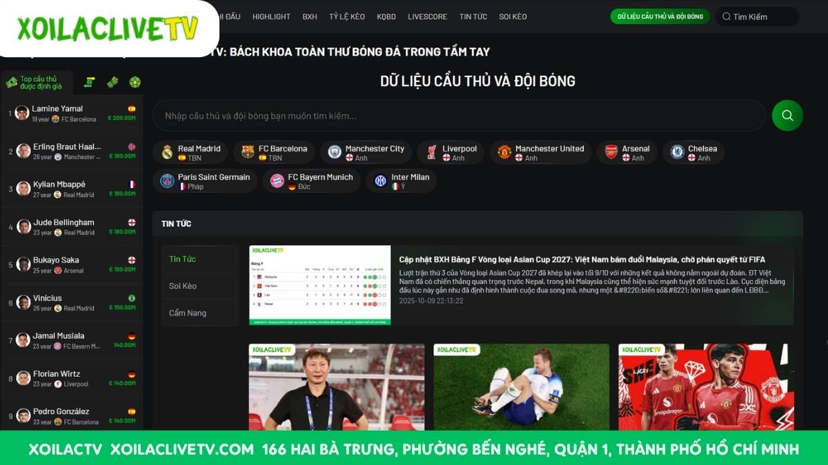 Xoilac TV Ra Mắt Tính Năng “Dữ Liệu Cầu Thủ & Đội Bóng” – Tra Cứu Thả Ga, Hoàn Toàn Miễn Phí